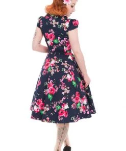 Hearts & Roses Midnight Garden 50's Swing Dress Navy