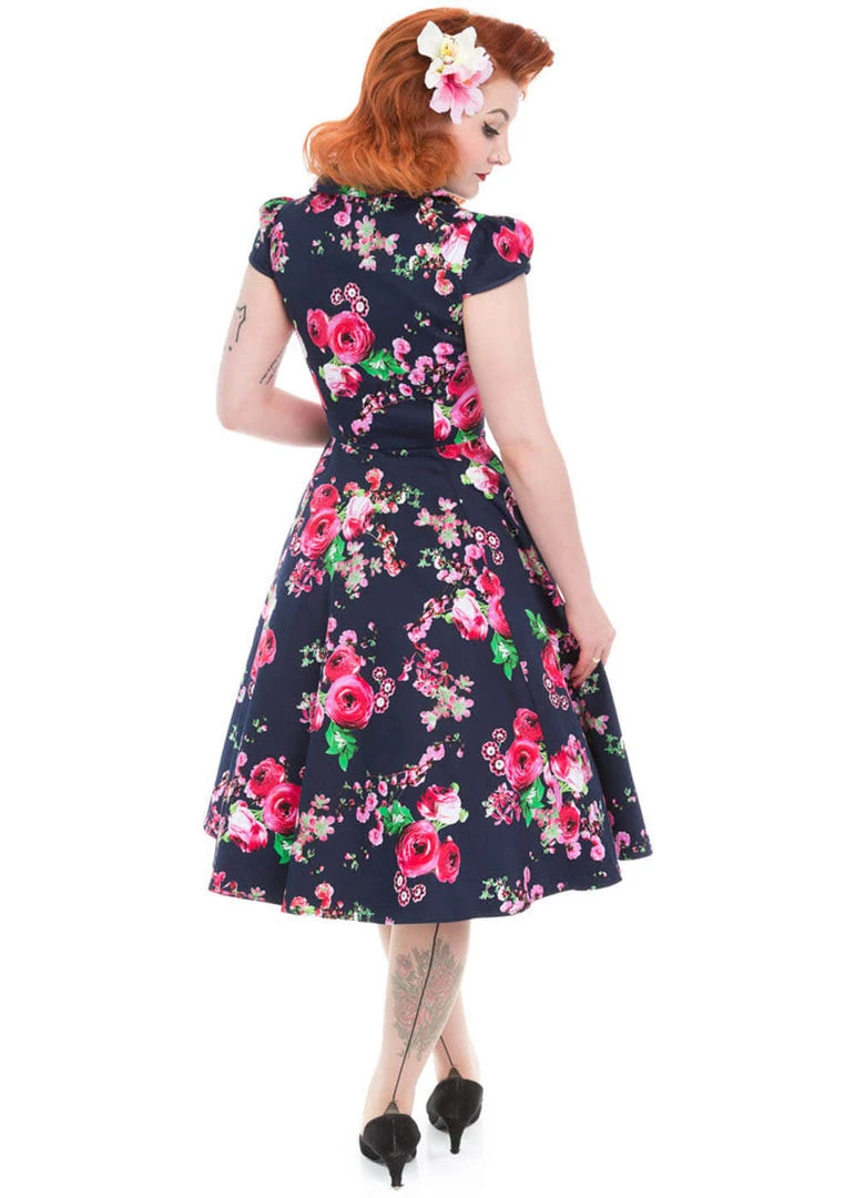 Hearts & Roses Midnight Garden 50's Swing Dress Navy