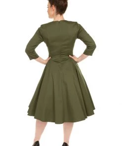 Hearts & Roses Angelina 50's Swing Dress Khaki Green New In