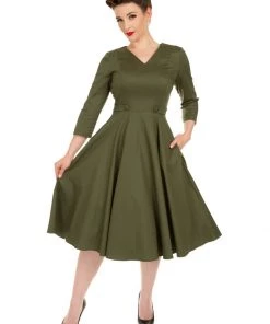 Hearts & Roses Angelina 50's Swing Dress Khaki Green New In