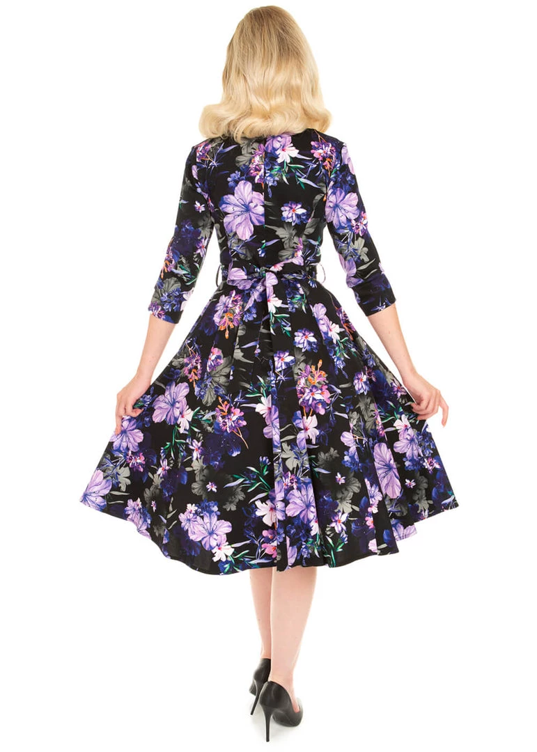 New In Hearts & Roses Faye Floral 50's Swing Dress Black Purple