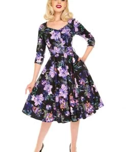 New In Hearts & Roses Faye Floral 50's Swing Dress Black Purple