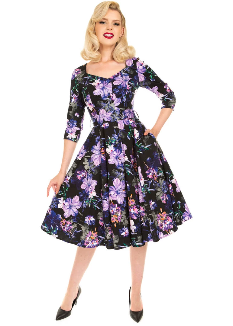 New In Hearts & Roses Faye Floral 50's Swing Dress Black Purple