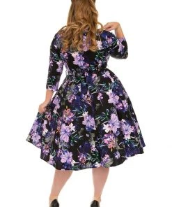 New In Hearts & Roses Faye Floral 50's Swing Dress Black Purple