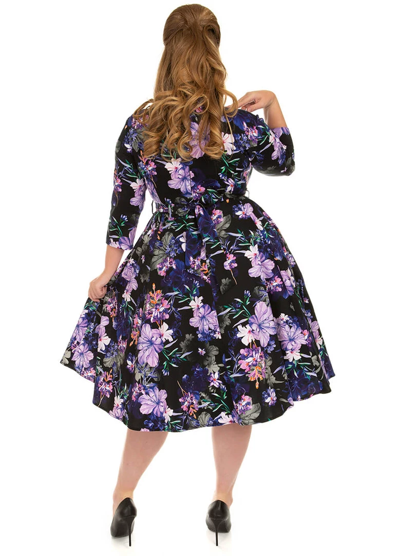 New In Hearts & Roses Faye Floral 50's Swing Dress Black Purple
