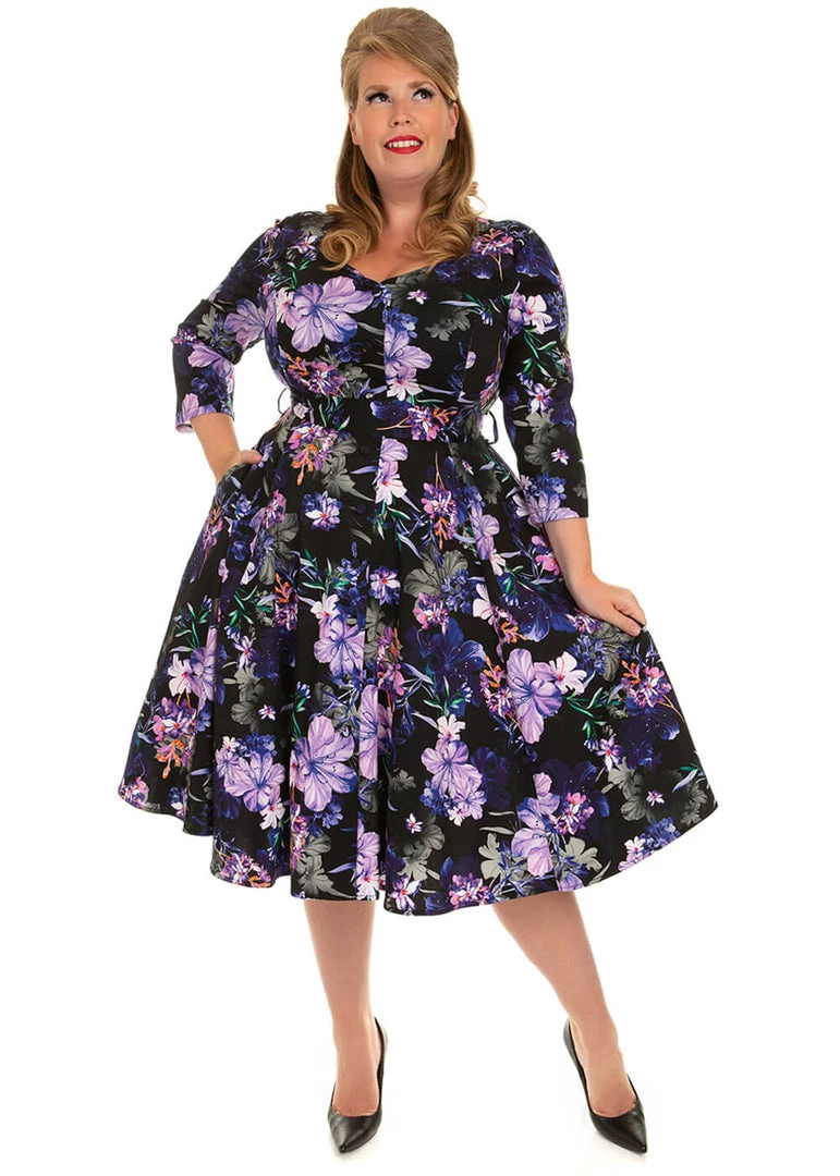 New In Hearts & Roses Faye Floral 50's Swing Dress Black Purple