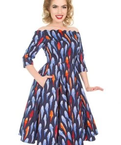 New In Hearts & Roses Ruby Goldfish 50's Swing Dress Blue