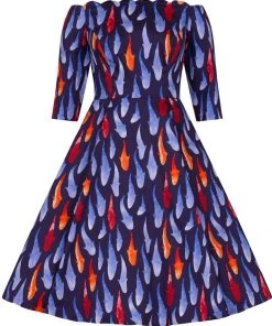 New In Hearts & Roses Ruby Goldfish 50's Swing Dress Blue