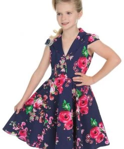 Hearts & Roses Kids Midnight Garden 50's Swing Dress Navy New In