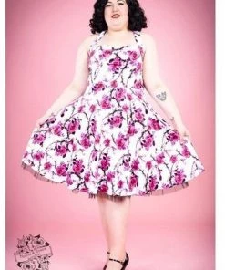 Hearts & Roses Pink Cherry Blossom 50's Swing Dress White