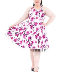 Hearts & Roses Pink Cherry Blossom 50's Swing Dress White