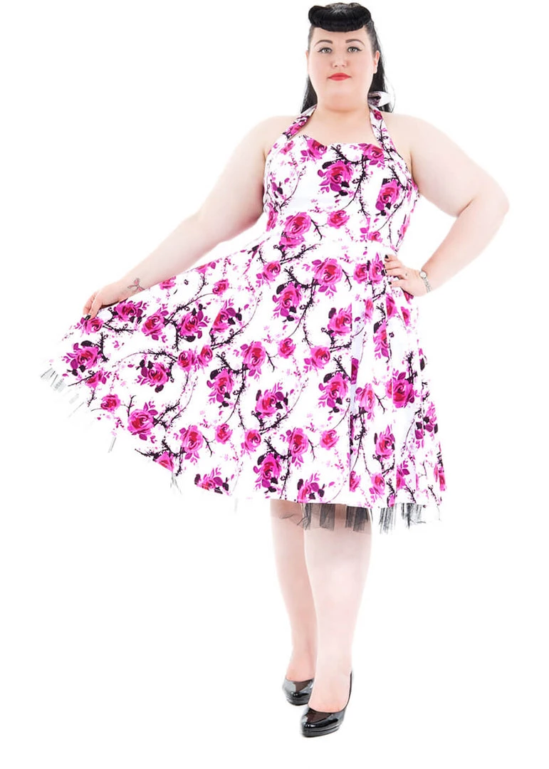 Hearts & Roses Pink Cherry Blossom 50's Swing Dress White