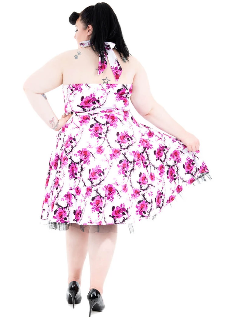 Hearts & Roses Pink Cherry Blossom 50's Swing Dress White