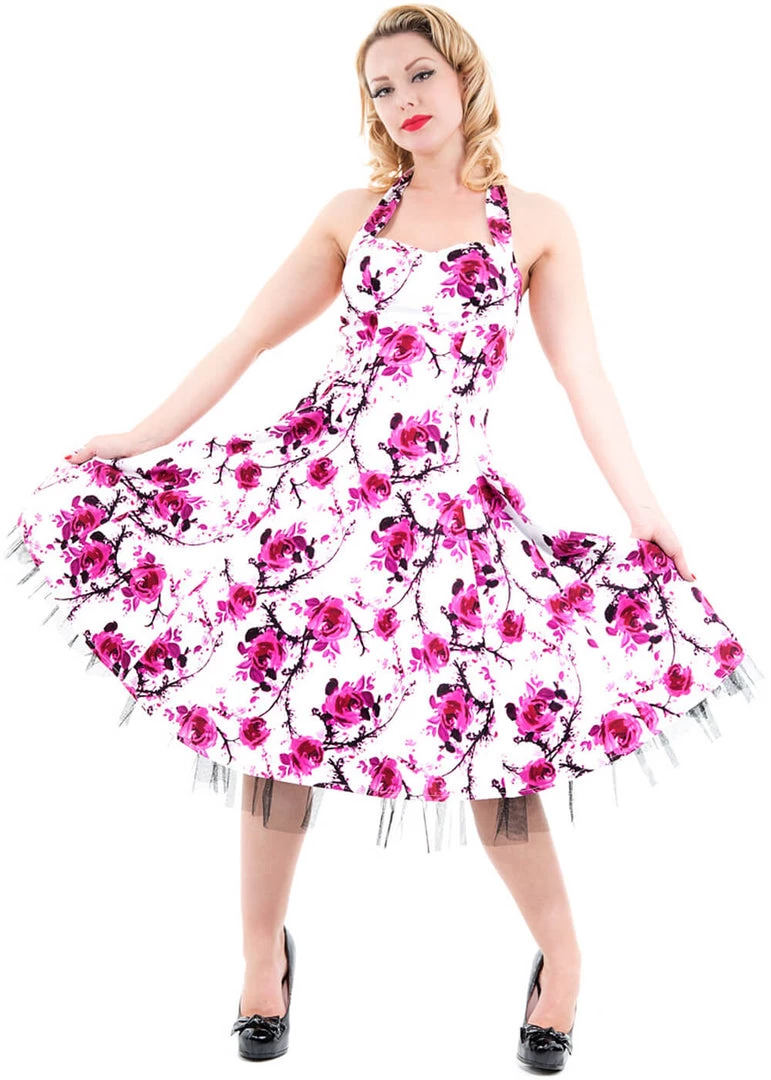Hearts & Roses Pink Cherry Blossom 50's Swing Dress White