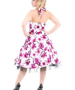 Hearts & Roses Pink Cherry Blossom 50's Swing Dress White