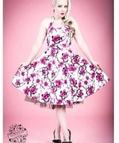Hearts & Roses Pink Cherry Blossom 50's Swing Dress White