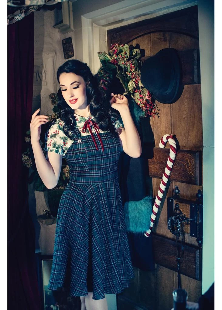 New In Hell Bunny Peebles Tartan Pinafore 40's Dress Green
