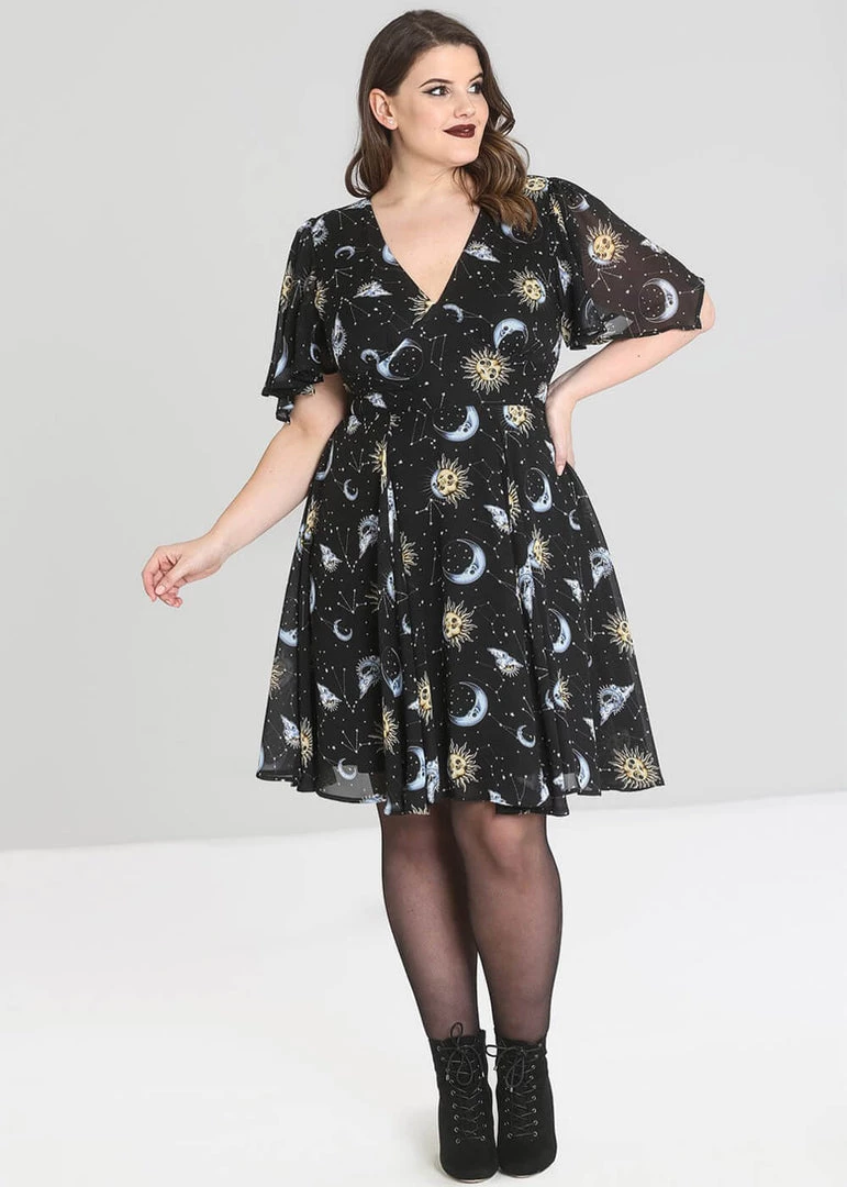 New In Hell Bunny Solaris Sun & Moon 70's Dress Black