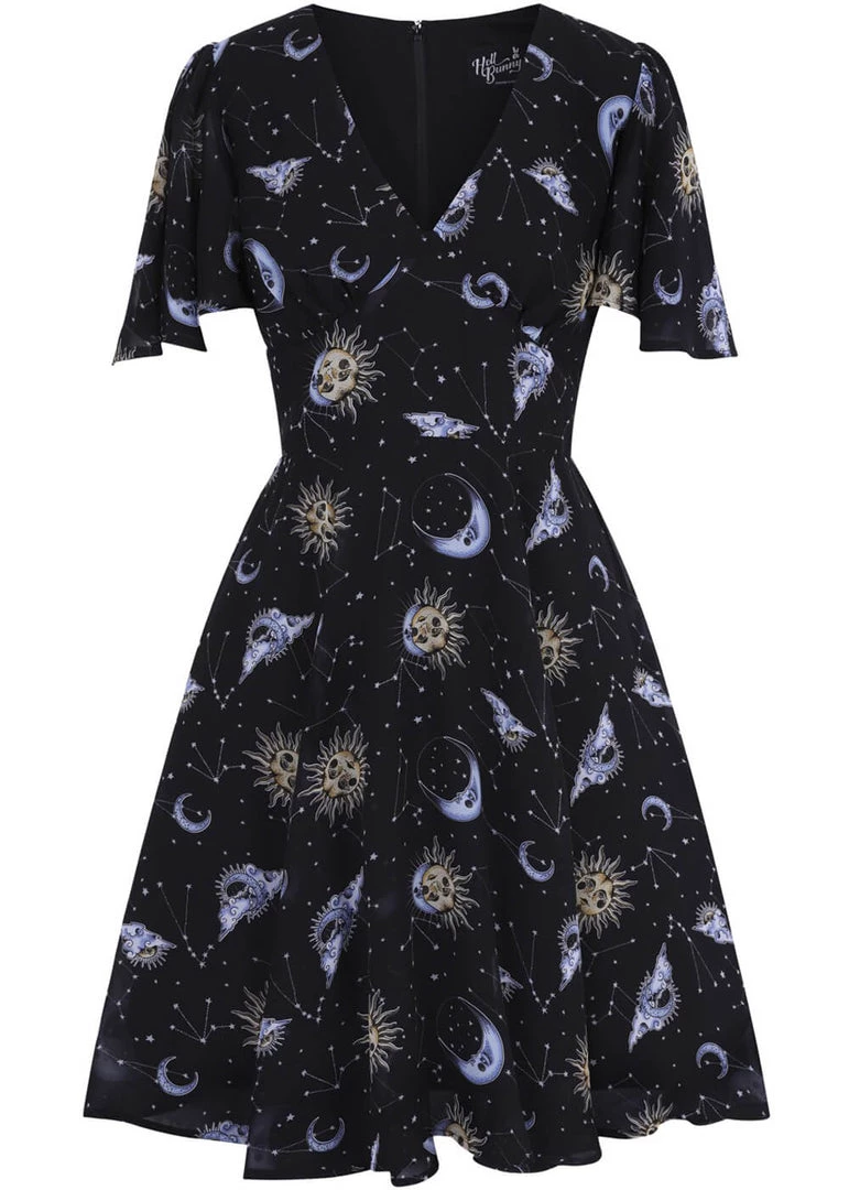 New In Hell Bunny Solaris Sun & Moon 70's Dress Black