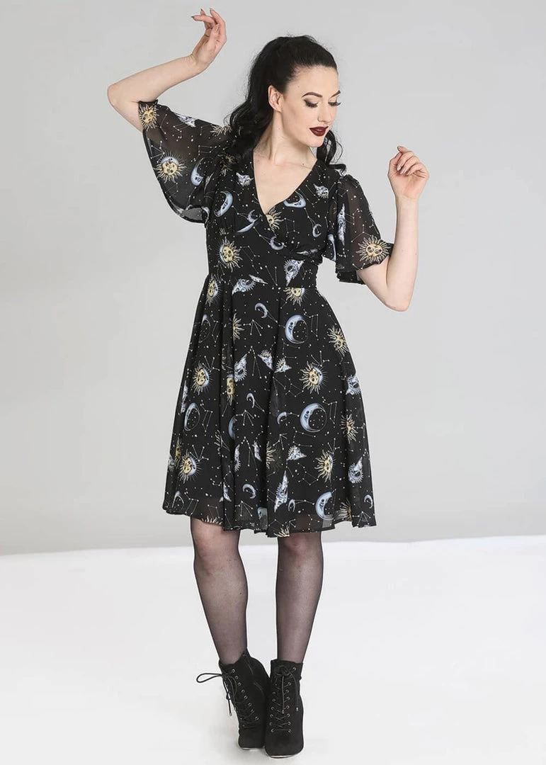 New In Hell Bunny Solaris Sun & Moon 70's Dress Black