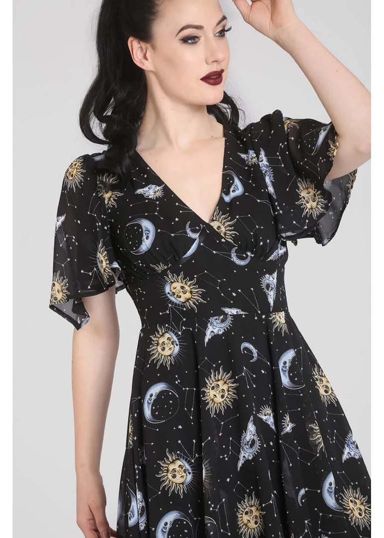 New In Hell Bunny Solaris Sun & Moon 70's Dress Black