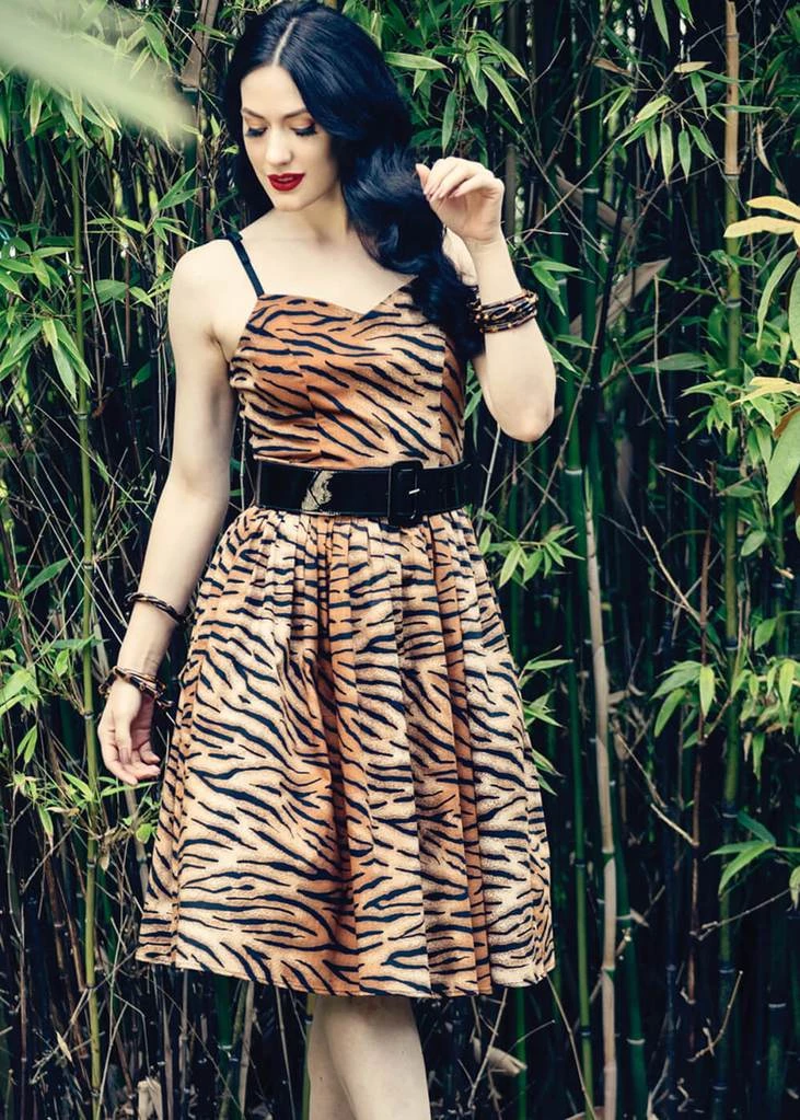 New In Hell Bunny Tora Tiger 50's Swing Dress Brown