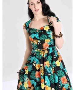 Hell Bunny Bali Jungle 50's Swing Dress Black New In