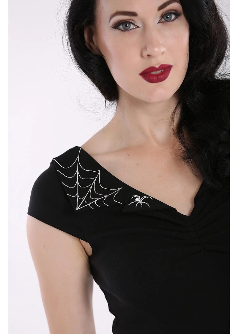 New In Hell Bunny Miss Muffet Spider 50's Pencil Dress Black
