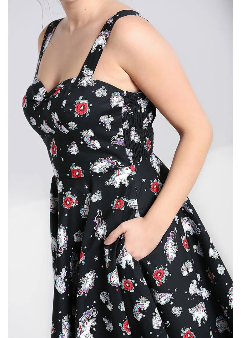 New In Hell Bunny Star Catcher Unicorn 50's Swing Dress Black