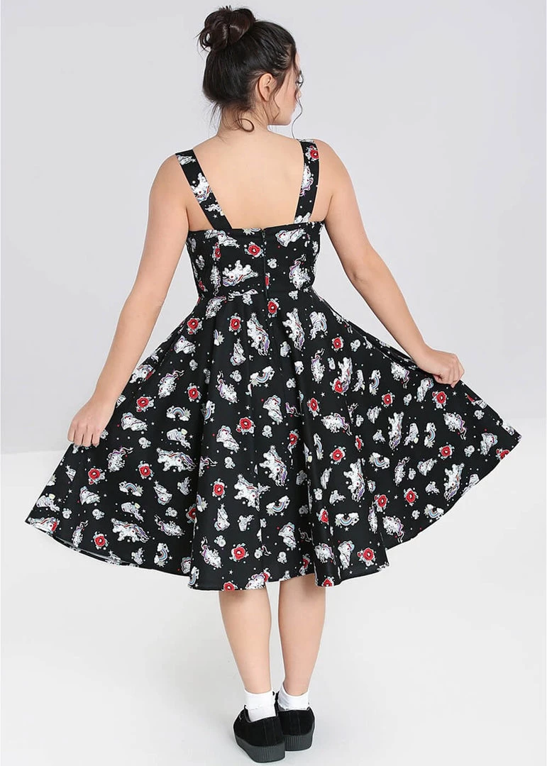 New In Hell Bunny Star Catcher Unicorn 50's Swing Dress Black