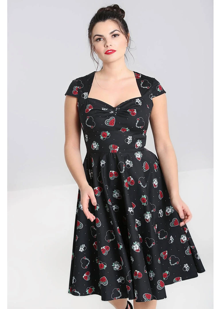 Hell Bunny Petals Hearts 50's Swing Dress Black New In
