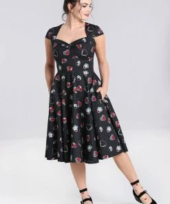 Hell Bunny Petals Hearts 50's Swing Dress Black New In