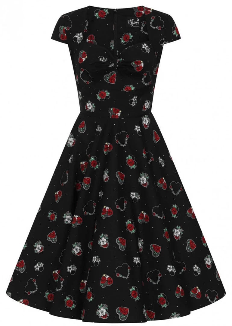 Hell Bunny Petals Hearts 50's Swing Dress Black New In