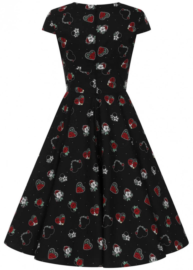 Hell Bunny Petals Hearts 50's Swing Dress Black New In
