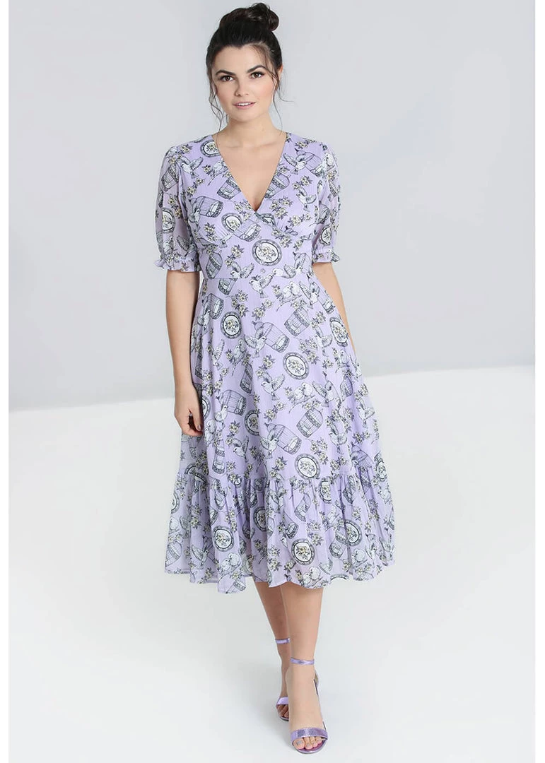 Hell Bunny Willow Sparrow Birdcage 70's Midi Dress Lavender