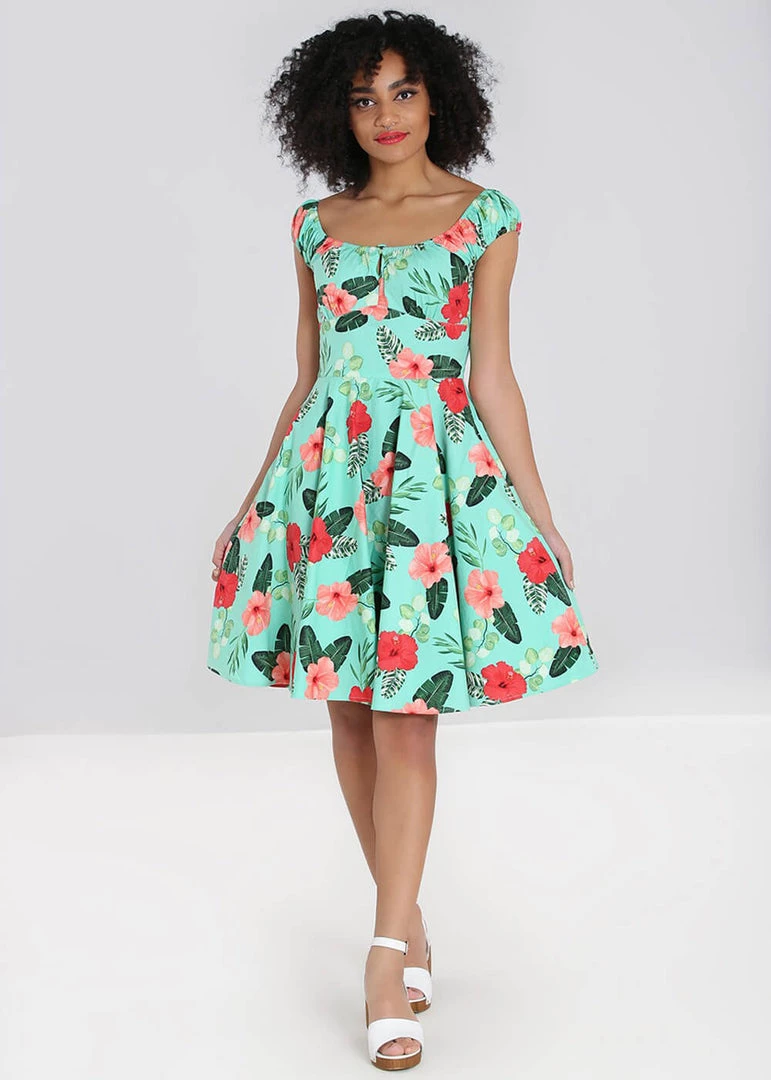 New In Hell Bunny Moana Hibiscus 50's Swing Dress Mint