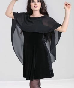 Hell Bunny Draco Cape Velvet 70's Dress Black New In