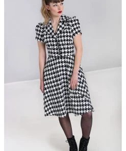 New In Hell Bunny Blake Houndstooth 60's Midi Dress Black White