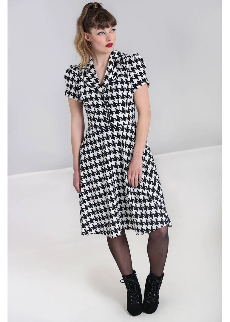 New In Hell Bunny Blake Houndstooth 60's Midi Dress Black White