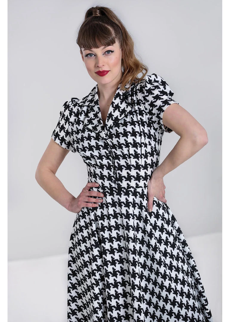 New In Hell Bunny Blake Houndstooth 60's Midi Dress Black White