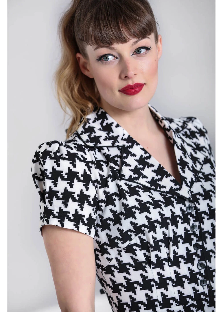 New In Hell Bunny Blake Houndstooth 60's Midi Dress Black White
