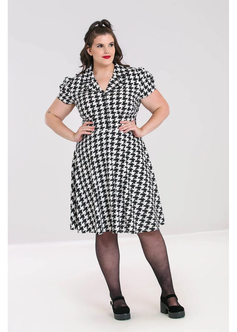New In Hell Bunny Blake Houndstooth 60's Midi Dress Black White