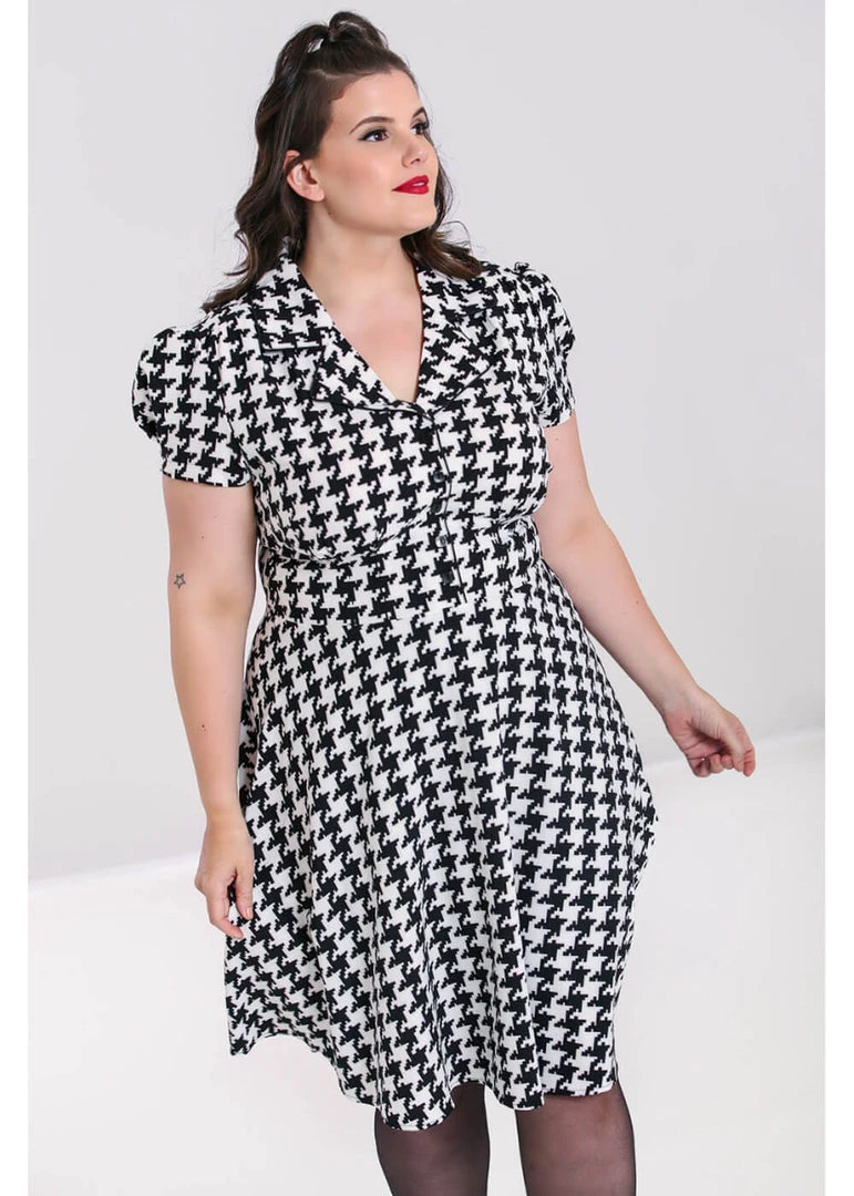 New In Hell Bunny Blake Houndstooth 60's Midi Dress Black White