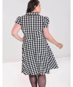 New In Hell Bunny Blake Houndstooth 60's Midi Dress Black White