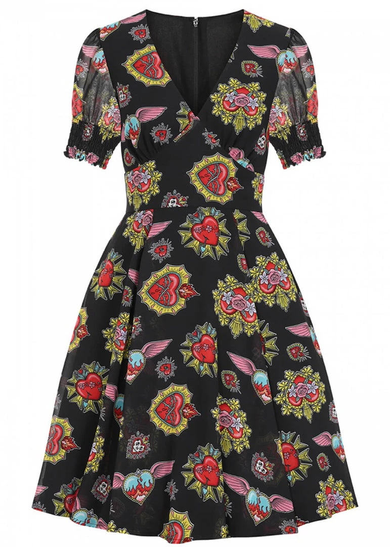 Hell Bunny Amias Sacred Heart 60's Dress Black New In