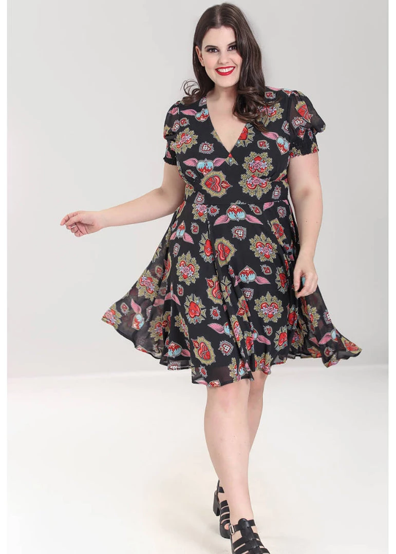 Hell Bunny Amias Sacred Heart 60's Dress Black New In