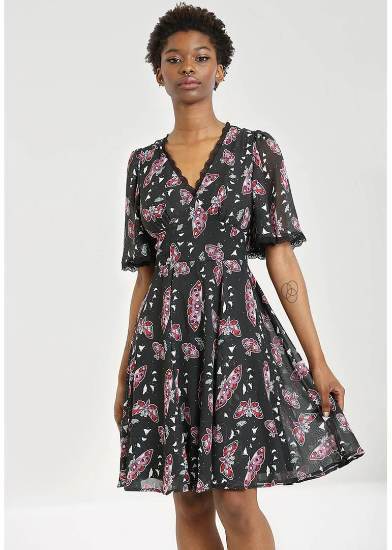 New In Hell Bunny In The Moonlight Moth 70's Dress Black