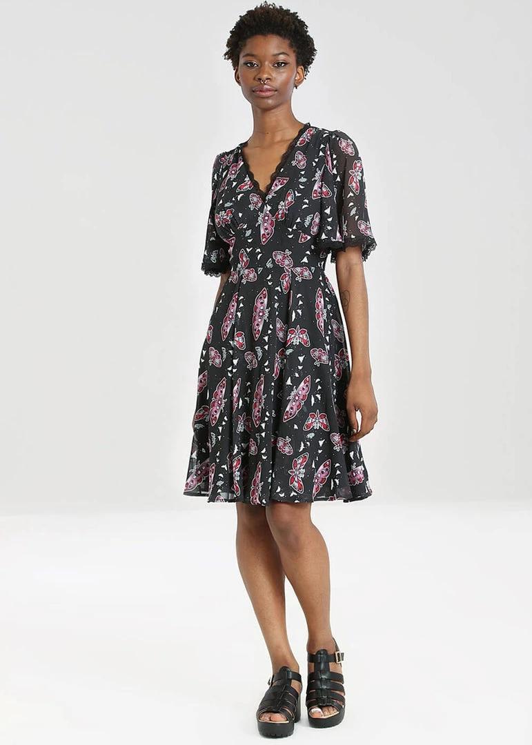 New In Hell Bunny In The Moonlight Moth 70's Dress Black