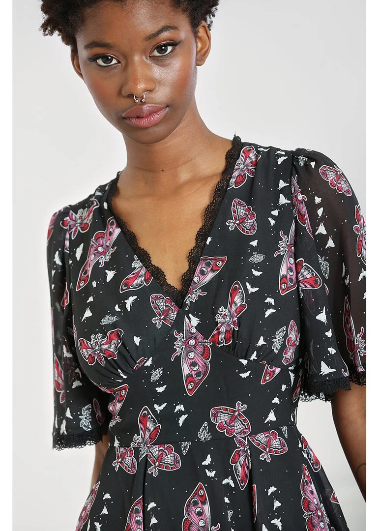 New In Hell Bunny In The Moonlight Moth 70's Dress Black