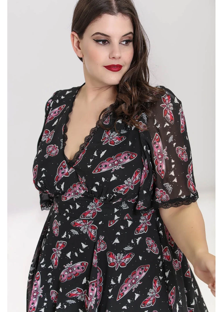 New In Hell Bunny In The Moonlight Moth 70's Dress Black